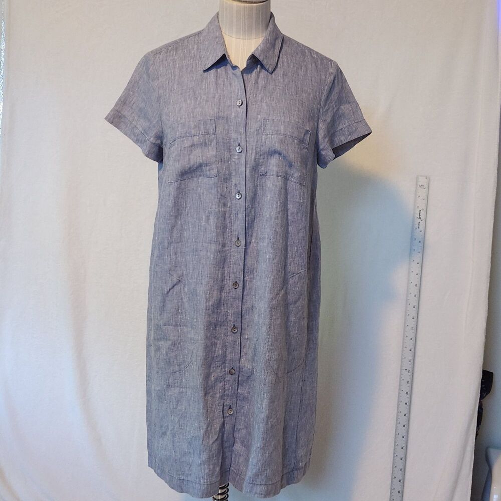 J. Jill Love Linen Women's XSP Heather Blue Collared Button Down Shirt Dress